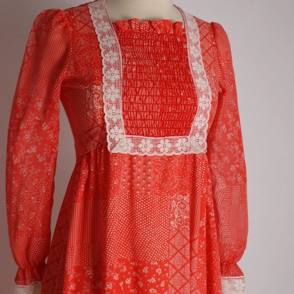 Vintage Red Prairie Boho Calico Cottage Core Floral Lace Dress Hippie Peasant XS - Picture 1 of 10